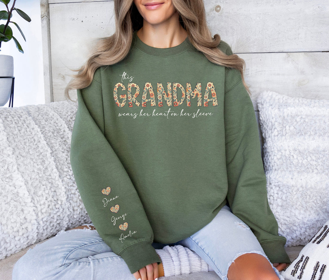 H9NEKO Custom Grandma Heart Sleeve Hoodie - Personalized Grandparent Gift