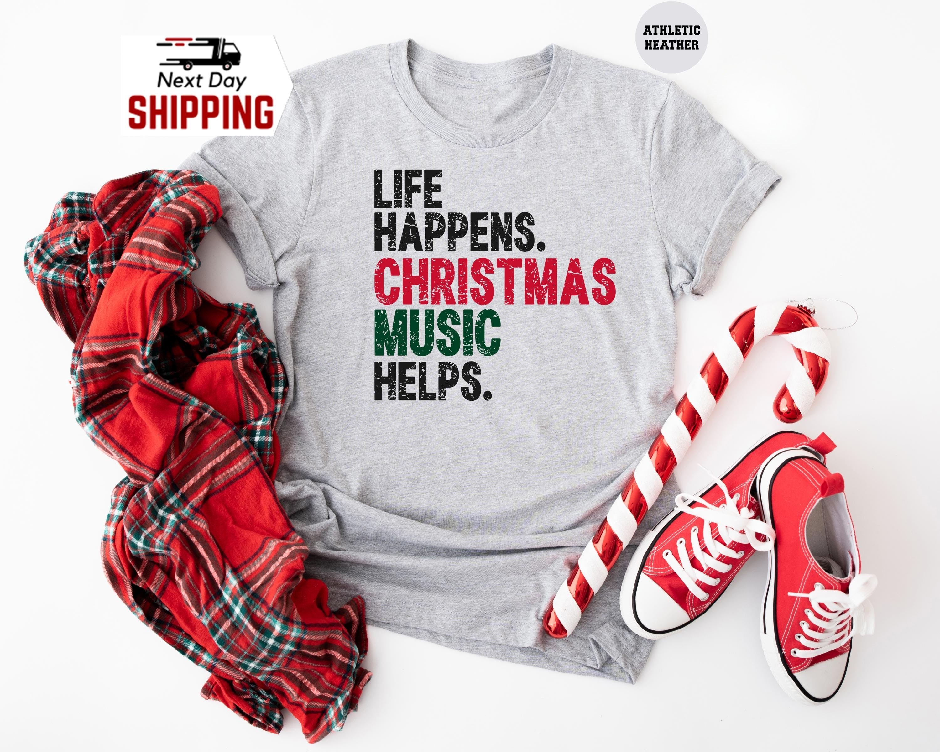 H9NEKO Funny Christmas Music Helps Shirt - Life Happens Tee Gift