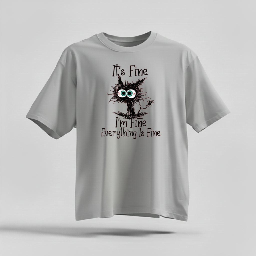 H9Neko “It’s Fine I’m Fine Everything Is Fine” Black Cat Shirt – Funny Cat Lover Tee, Cute Sarcastic T-Shirt, Humor Gift for Cat Lovers