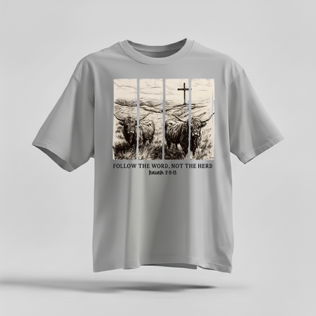 H9Neko Follow the Word Not the Herd Shirt – Christian Highland Cow Tee, Vintage Bible Verse Shirt, Boho Country Christian T-Shirt