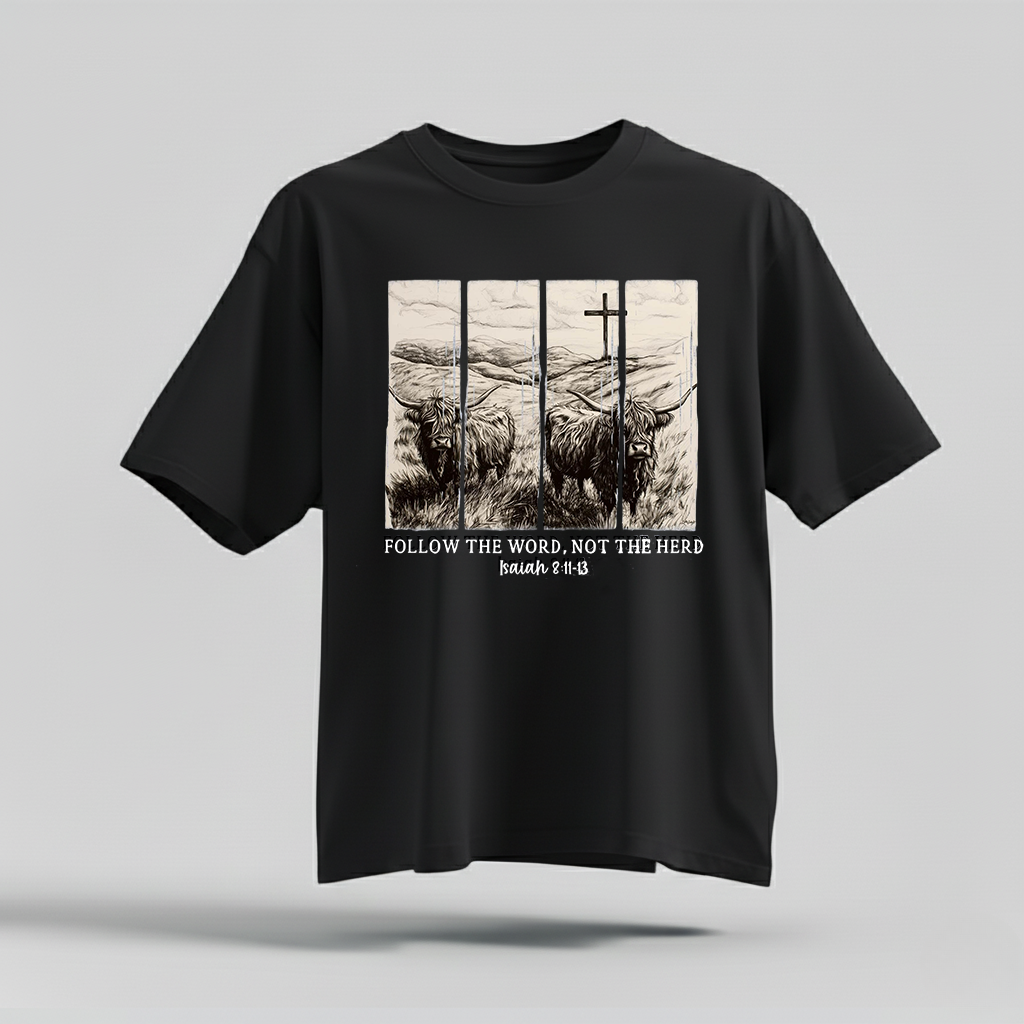 H9Neko Follow the Word Not the Herd Shirt – Christian Highland Cow Tee, Vintage Bible Verse Shirt, Boho Country Christian T-Shirt