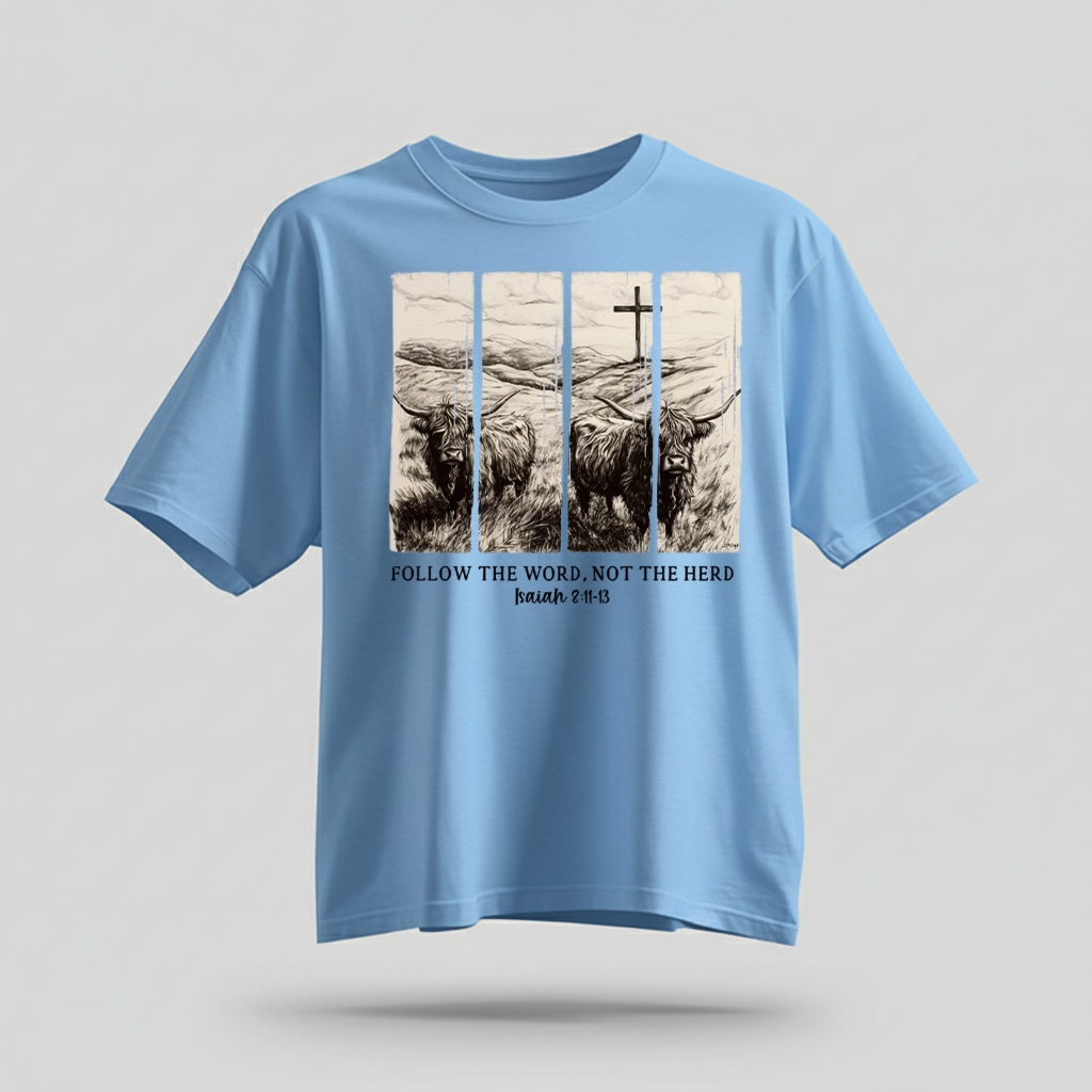 H9Neko Follow the Word Not the Herd Shirt – Christian Highland Cow Tee, Vintage Bible Verse Shirt, Boho Country Christian T-Shirt