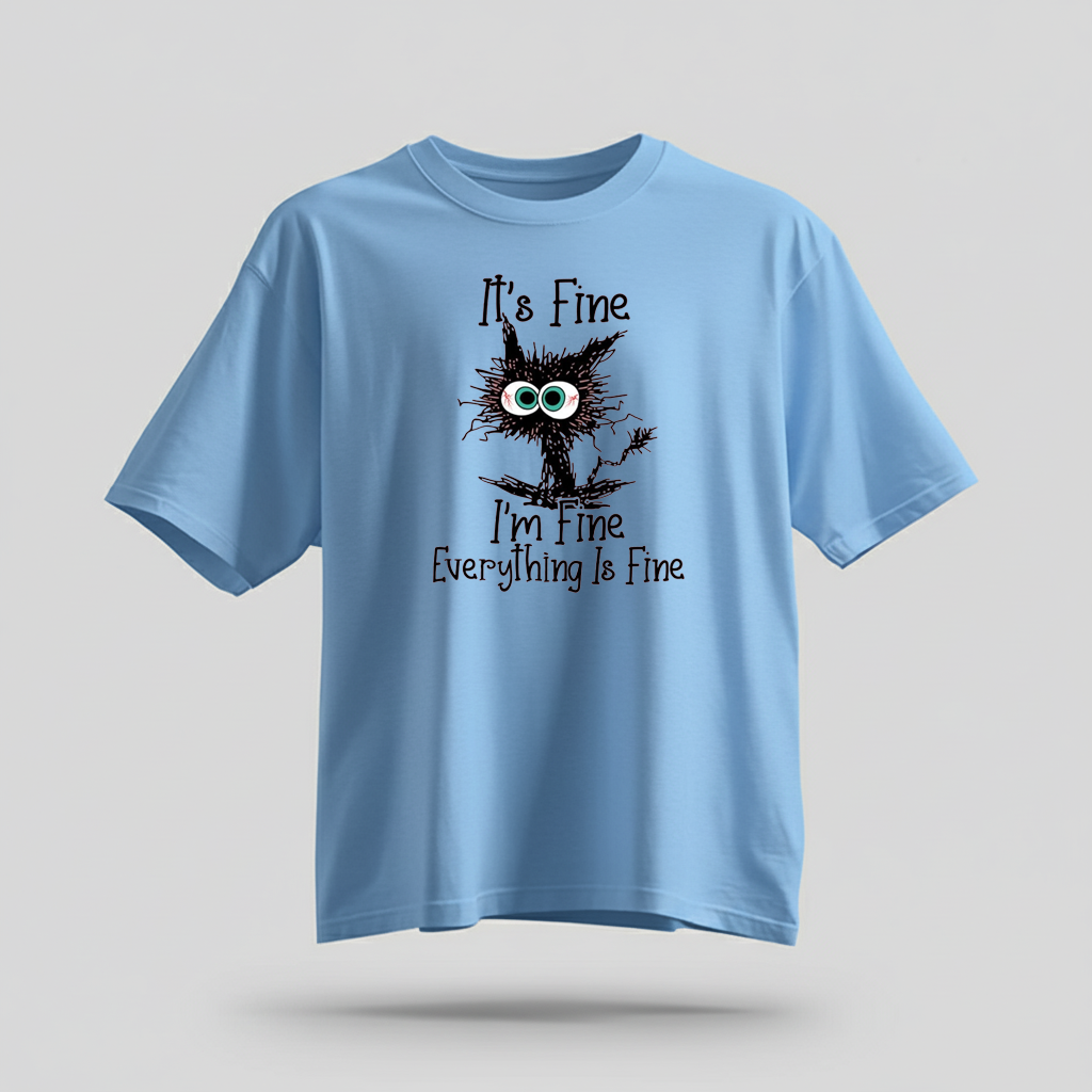 H9Neko “It’s Fine I’m Fine Everything Is Fine” Black Cat Shirt – Funny Cat Lover Tee, Cute Sarcastic T-Shirt, Humor Gift for Cat Lovers