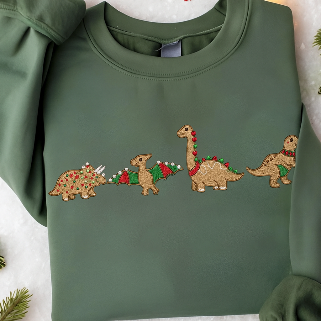 H9Neko Embroidered Gingerbread Dinosaur Christmas SweatShirt– Holiday Dino Lovers Festive Sweatshirt