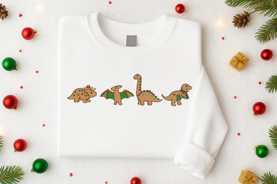 H9Neko Embroidered Gingerbread Dinosaur Christmas SweatShirt– Holiday Dino Lovers Festive Sweatshirt