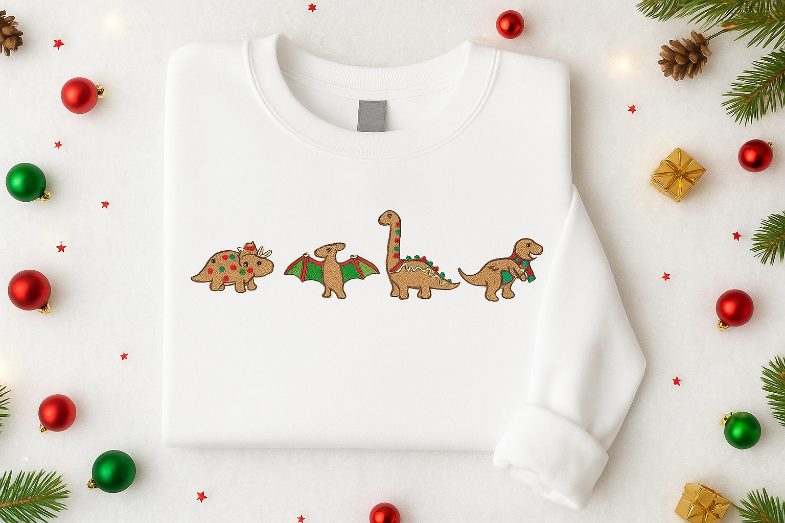 H9Neko Embroidered Gingerbread Dinosaur Christmas SweatShirt– Holiday Dino Lovers Festive Sweatshirt