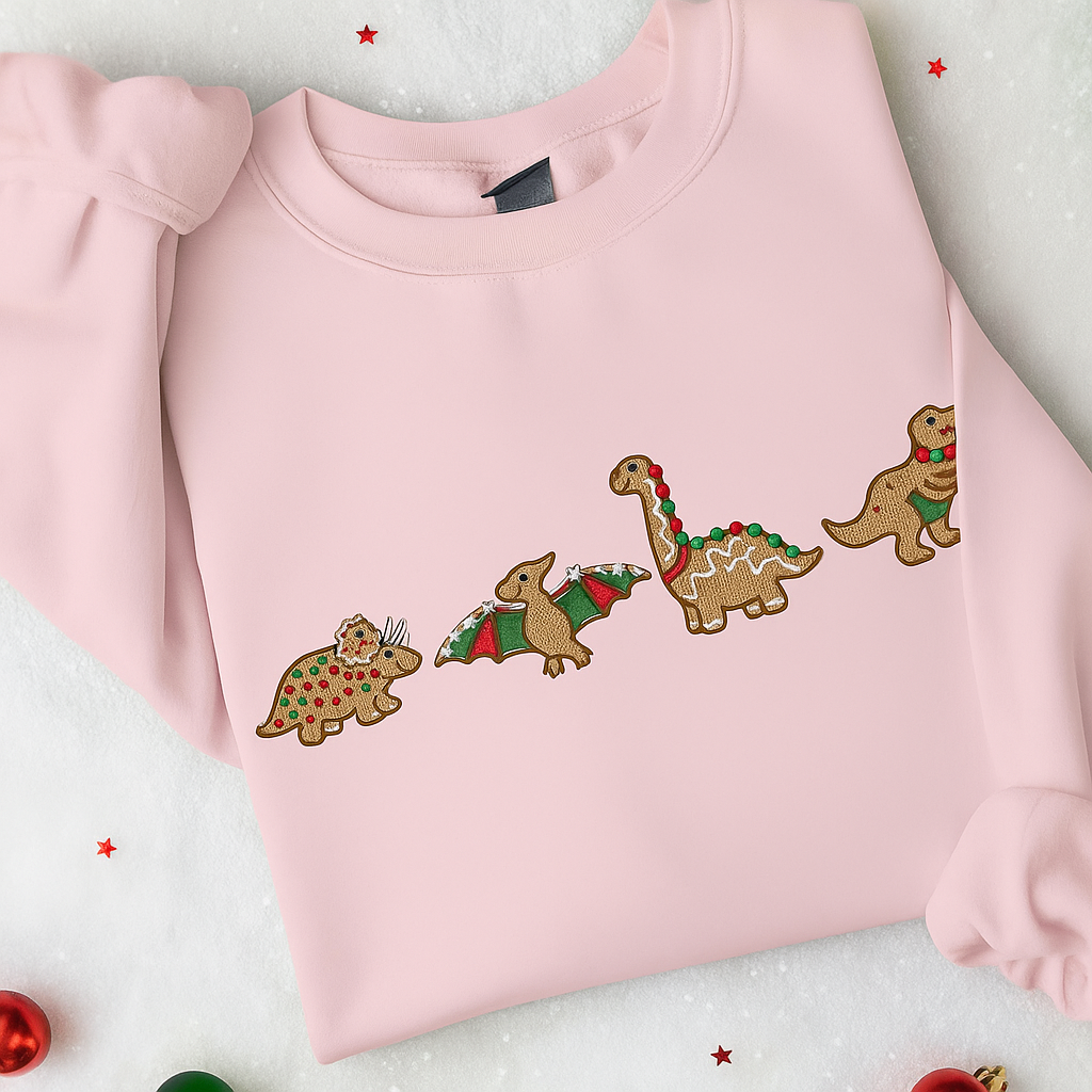 H9Neko Embroidered Gingerbread Dinosaur Christmas SweatShirt– Holiday Dino Lovers Festive Sweatshirt