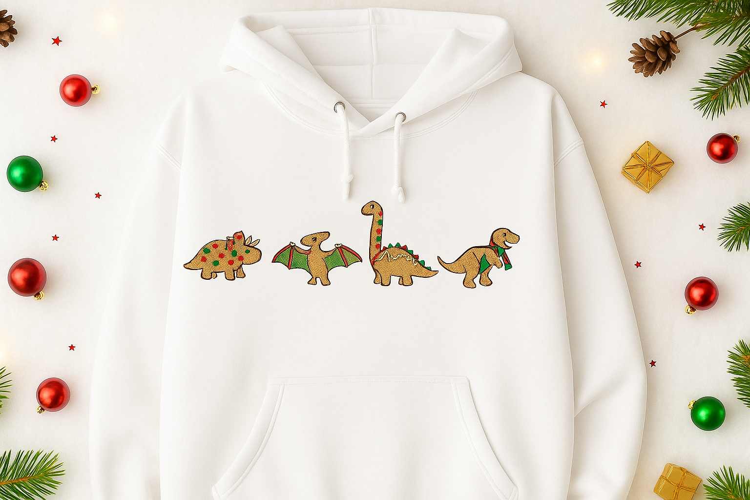 mbroidered Gingerbread Dinosaur Christmas Hoodie | Cute Holiday Dino Sweatshirt by H9Neko