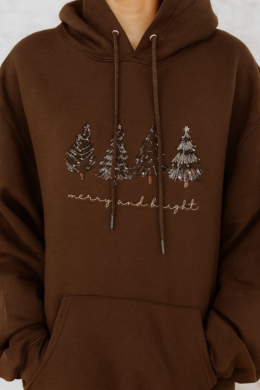 Merry & Bright Embroidered Christmas Hoodie – 4 Christmas Trees Crewneck | H9Neko