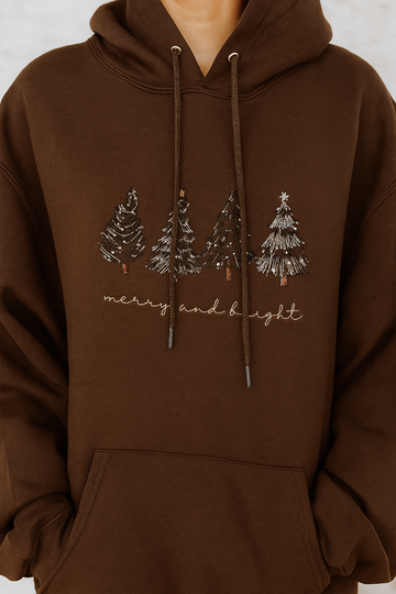 Merry & Bright Embroidered Christmas Hoodie – 4 Christmas Trees Crewneck | H9Neko