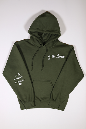 H9Neko Personalized Grandma Embroidered Hoodie – Custom Grandkid Names on Sleeve, Gigi Mimi Nana Birthday & Announcement Gift