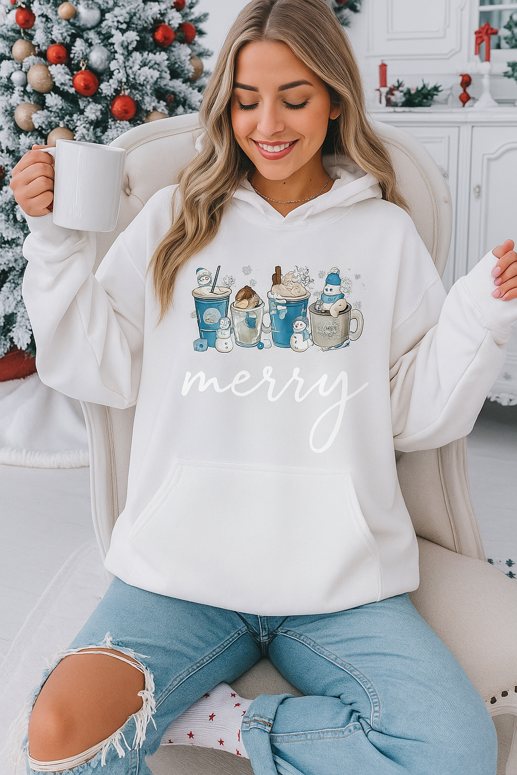H9NEKO Winter Coffee Cups Hoodie - Cozy Season Pullover Gift
