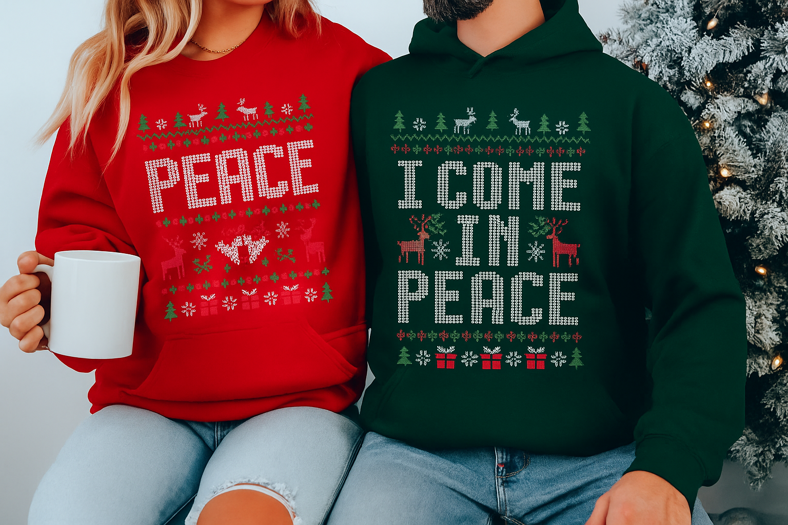 H9NEKO Couples Ugly Christmas Hoodie - "Come in Peace" Matching Pullover