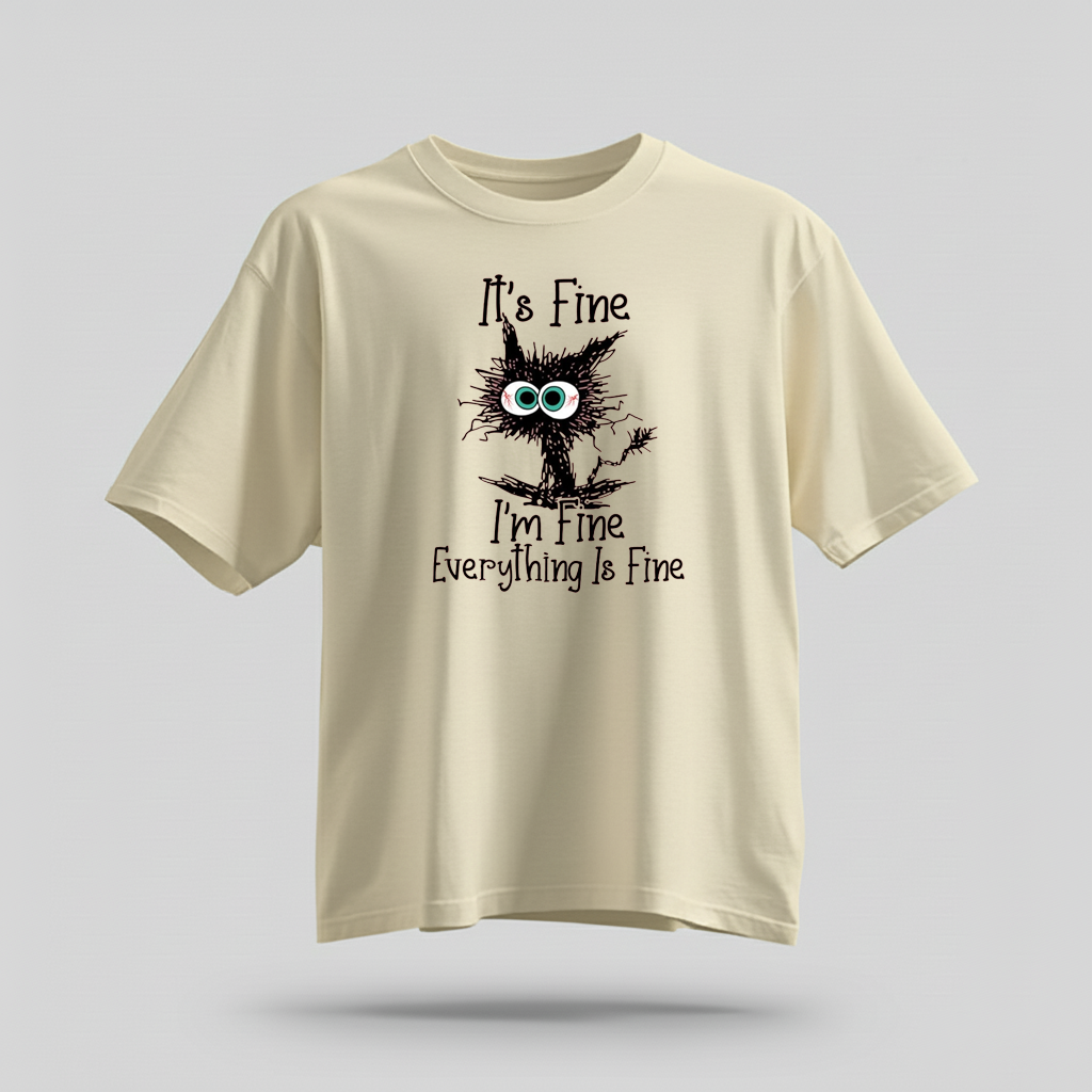 H9Neko “It’s Fine I’m Fine Everything Is Fine” Black Cat Shirt – Funny Cat Lover Tee, Cute Sarcastic T-Shirt, Humor Gift for Cat Lovers