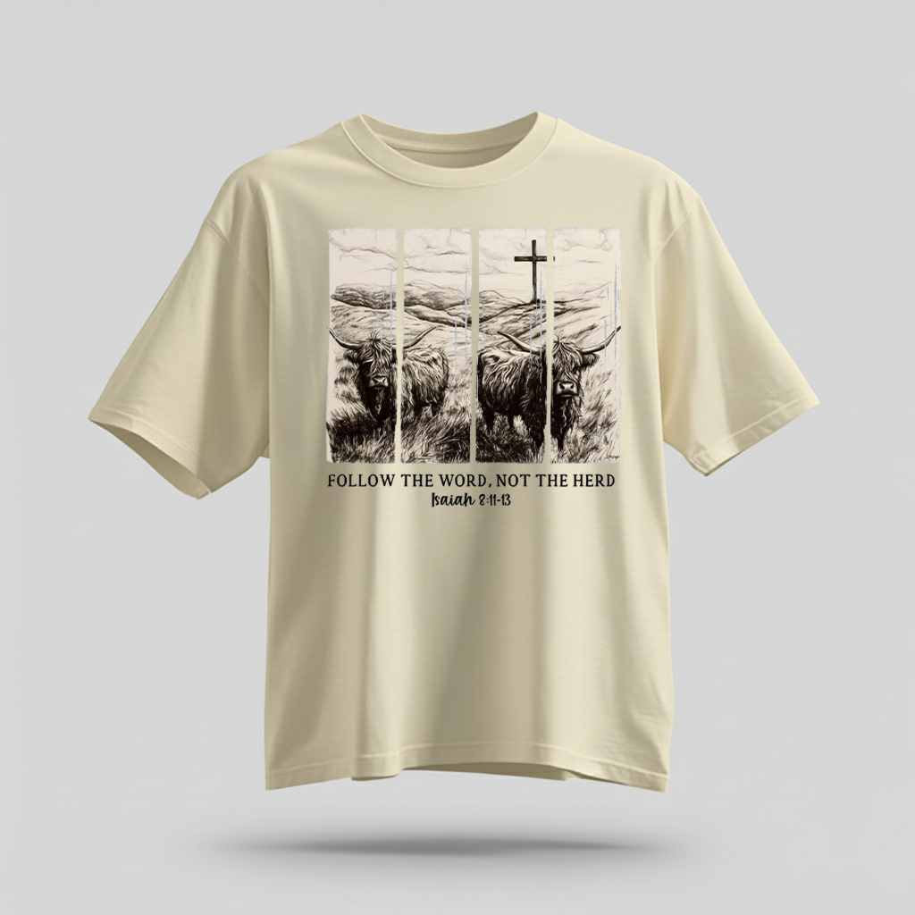 H9Neko Follow the Word Not the Herd Shirt – Christian Highland Cow Tee, Vintage Bible Verse Shirt, Boho Country Christian T-Shirt