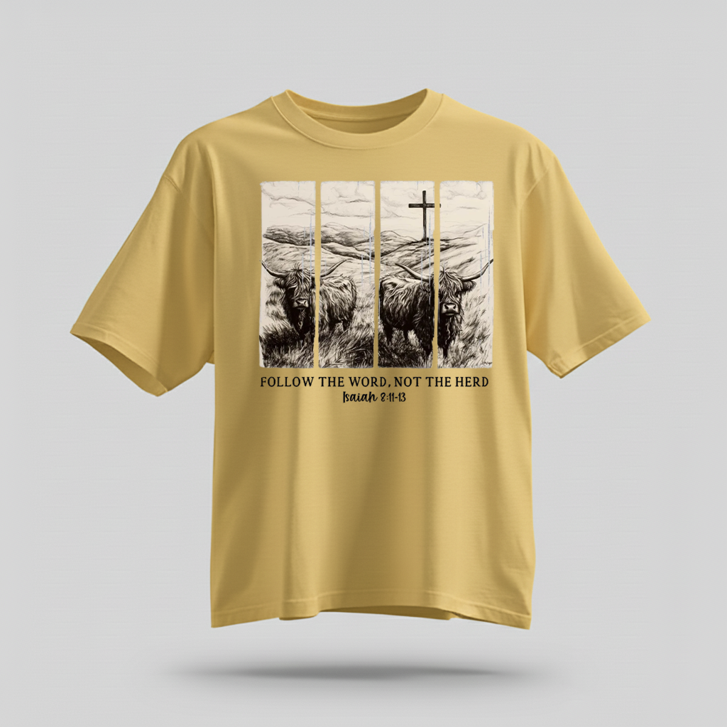 H9Neko Follow the Word Not the Herd Shirt – Christian Highland Cow Tee, Vintage Bible Verse Shirt, Boho Country Christian T-Shirt