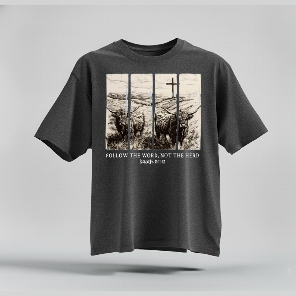 H9Neko Follow the Word Not the Herd Shirt – Christian Highland Cow Tee, Vintage Bible Verse Shirt, Boho Country Christian T-Shirt