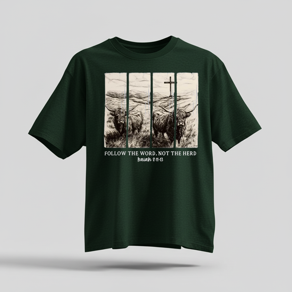 H9Neko Follow the Word Not the Herd Shirt – Christian Highland Cow Tee, Vintage Bible Verse Shirt, Boho Country Christian T-Shirt
