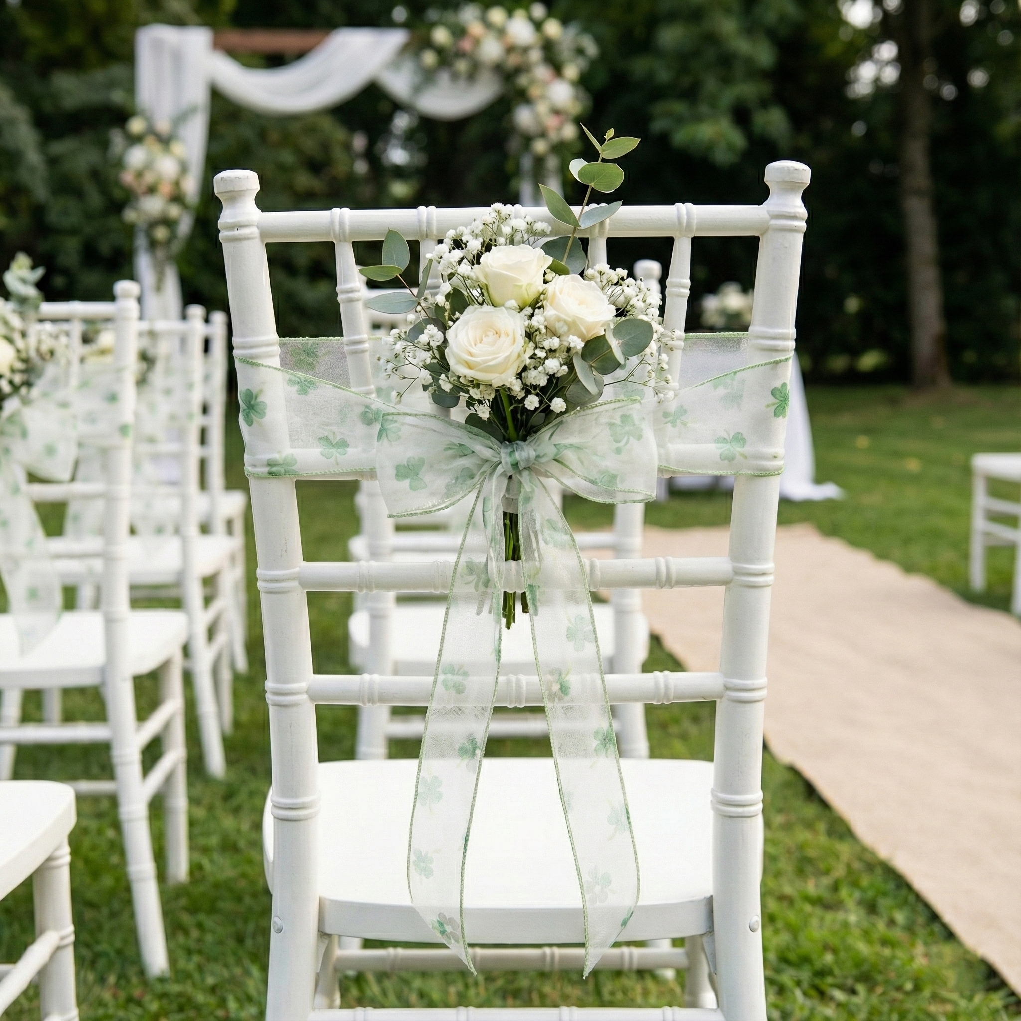 H9Neko Sheer Organza Ribbon with Green 5-Petal Flower Pattern - Gift Wrapping & Delicate Bow Making Roll