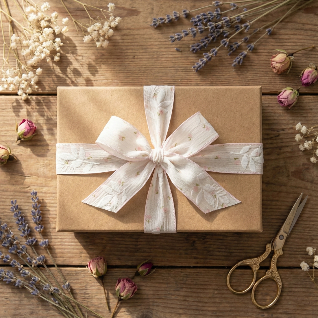 Textured White Leaf & Pink Bud Ribbon 1" x 10yd | Elegant Summer Wedding Decor & Gifts | H9Neko