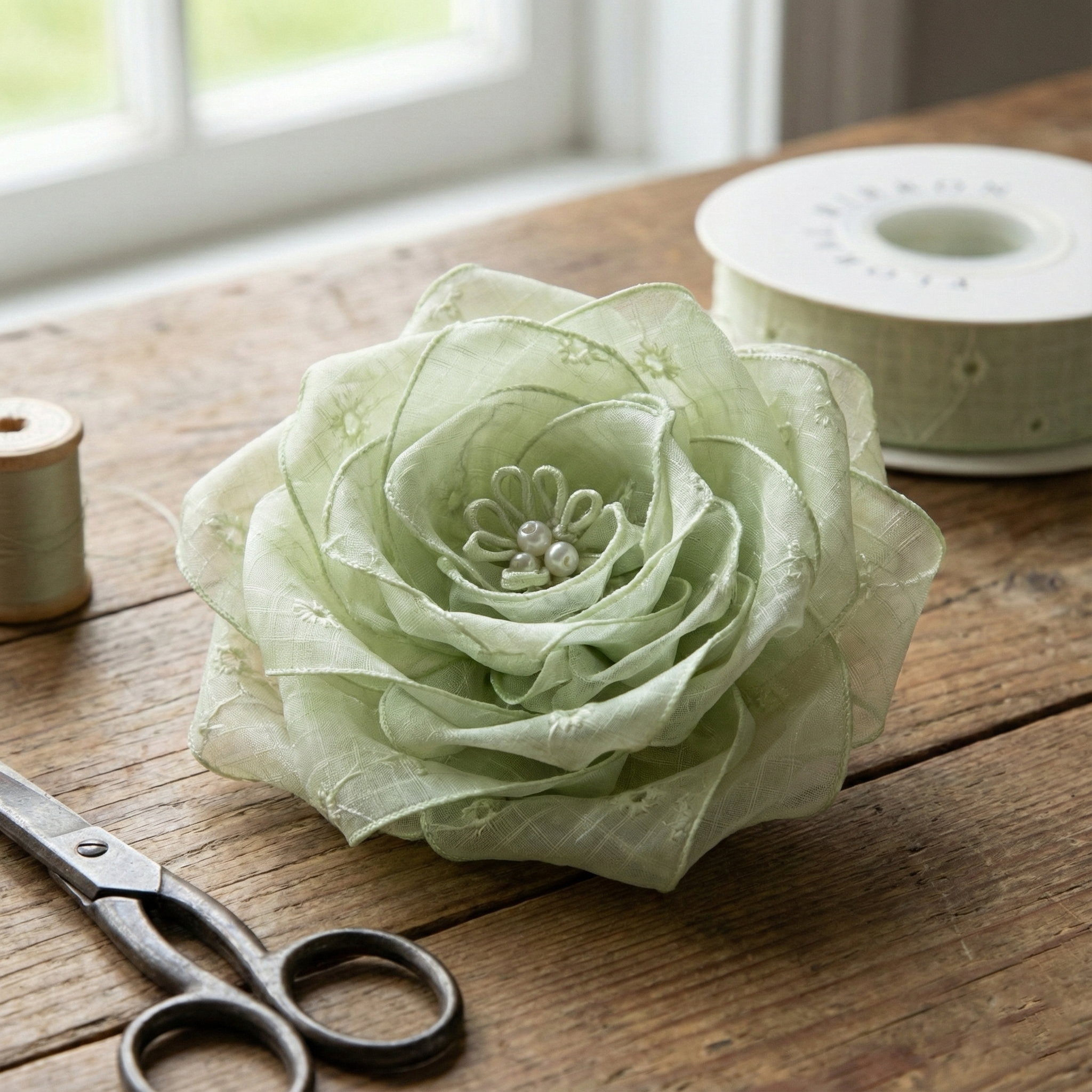 Sheer Mint Ribbon 1" x 10yd | Pastel Eyelet Floral for Wedding & Gift Wrapping |H9Neko