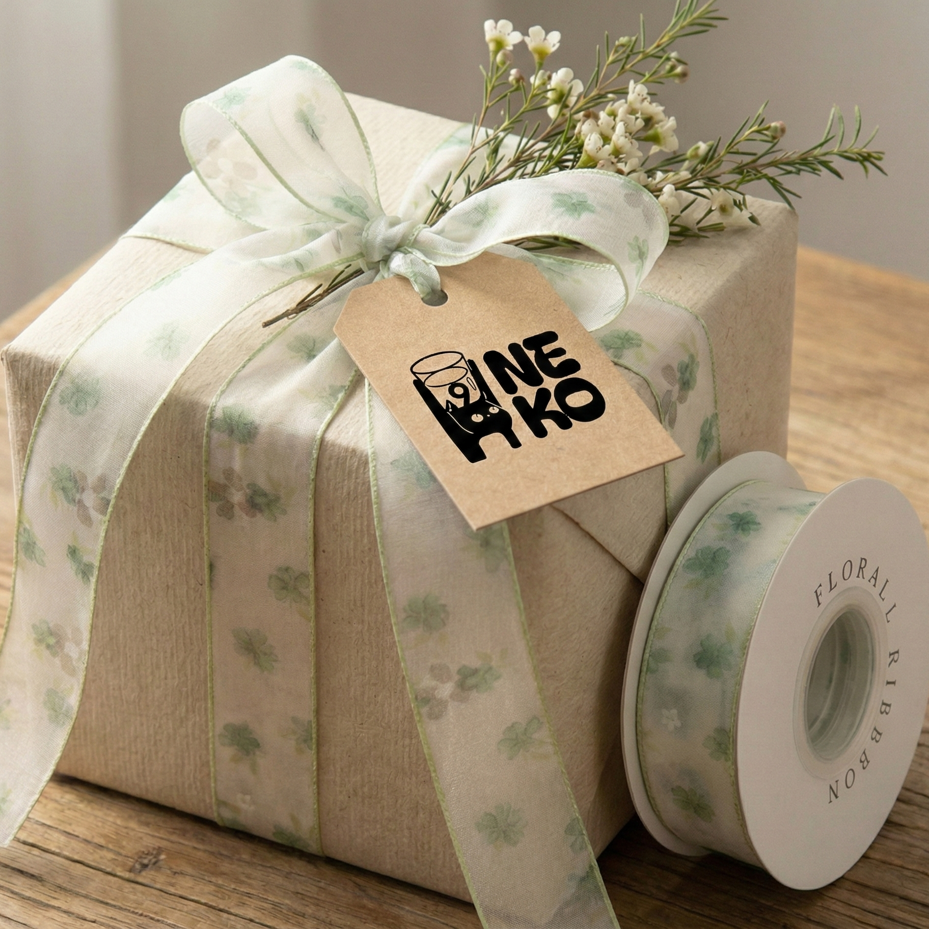 H9Neko Sheer Organza Ribbon with Green 5-Petal Flower Pattern - Gift Wrapping & Delicate Bow Making Roll