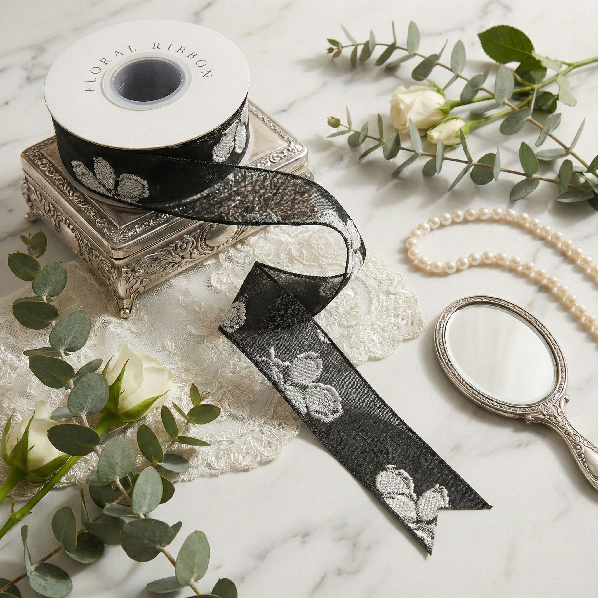 H9Neko Premium Solid Black Net Ribbon with Raised White Floral Embroidery