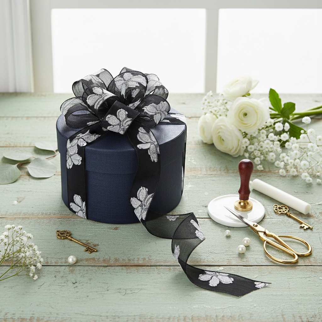 H9Neko Premium Solid Black Net Ribbon with Raised White Floral Embroidery