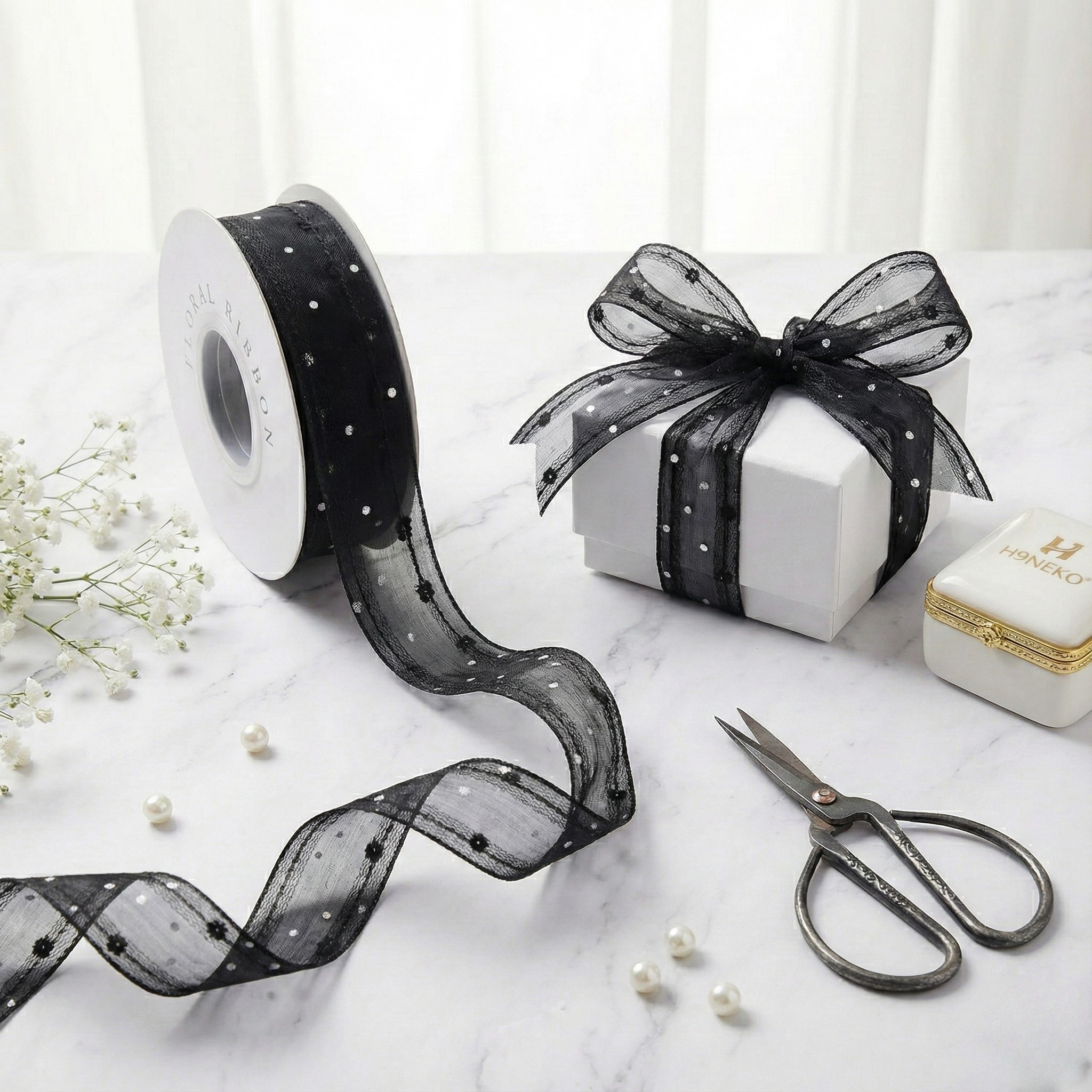 H9Neko Black Sheer Organza Ribbon with White Polka Dots  for Wrapping & Crafts