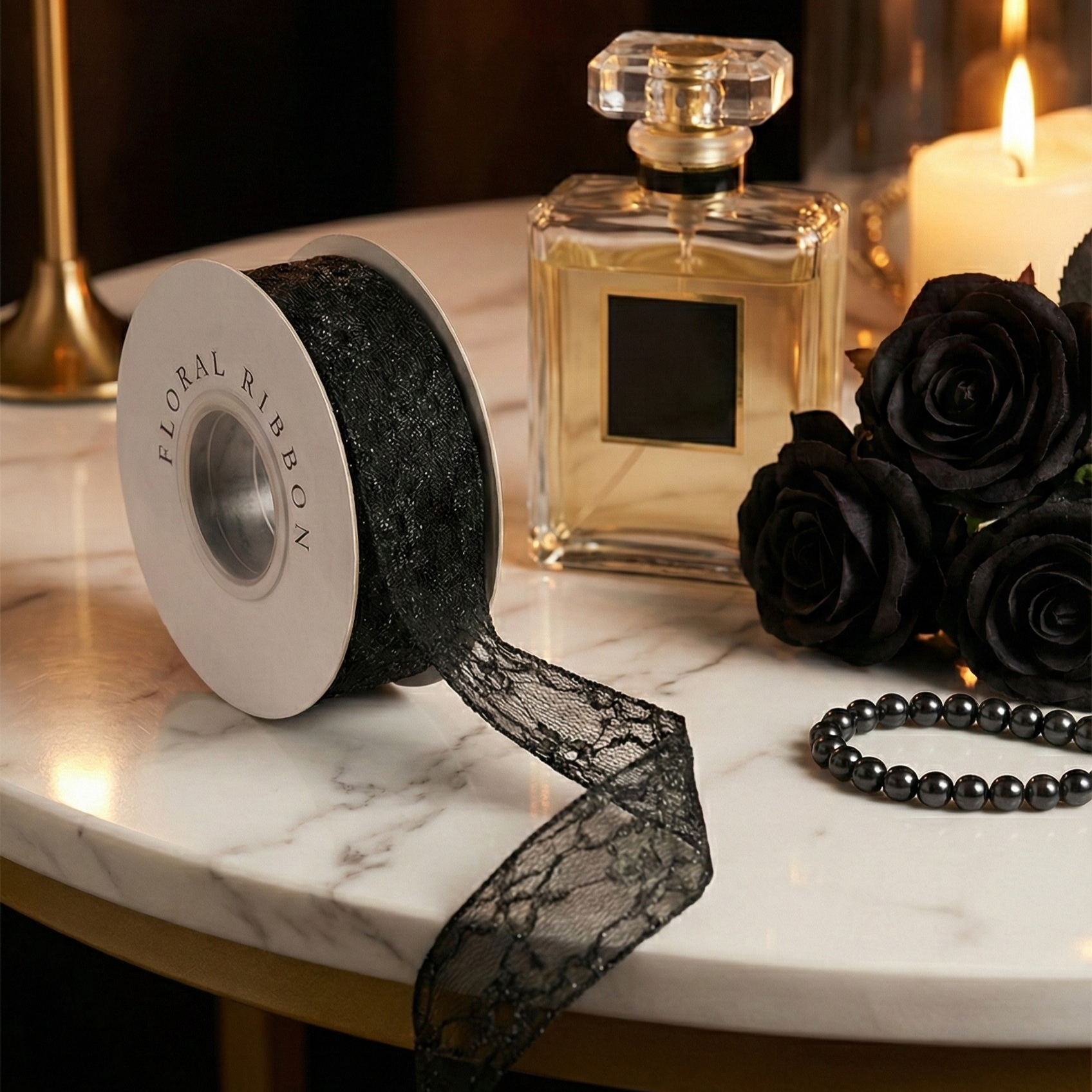 H9Neko Black Sheer Organza & Polyester Ribbon - Elegant Embroidered Floral Lace Design