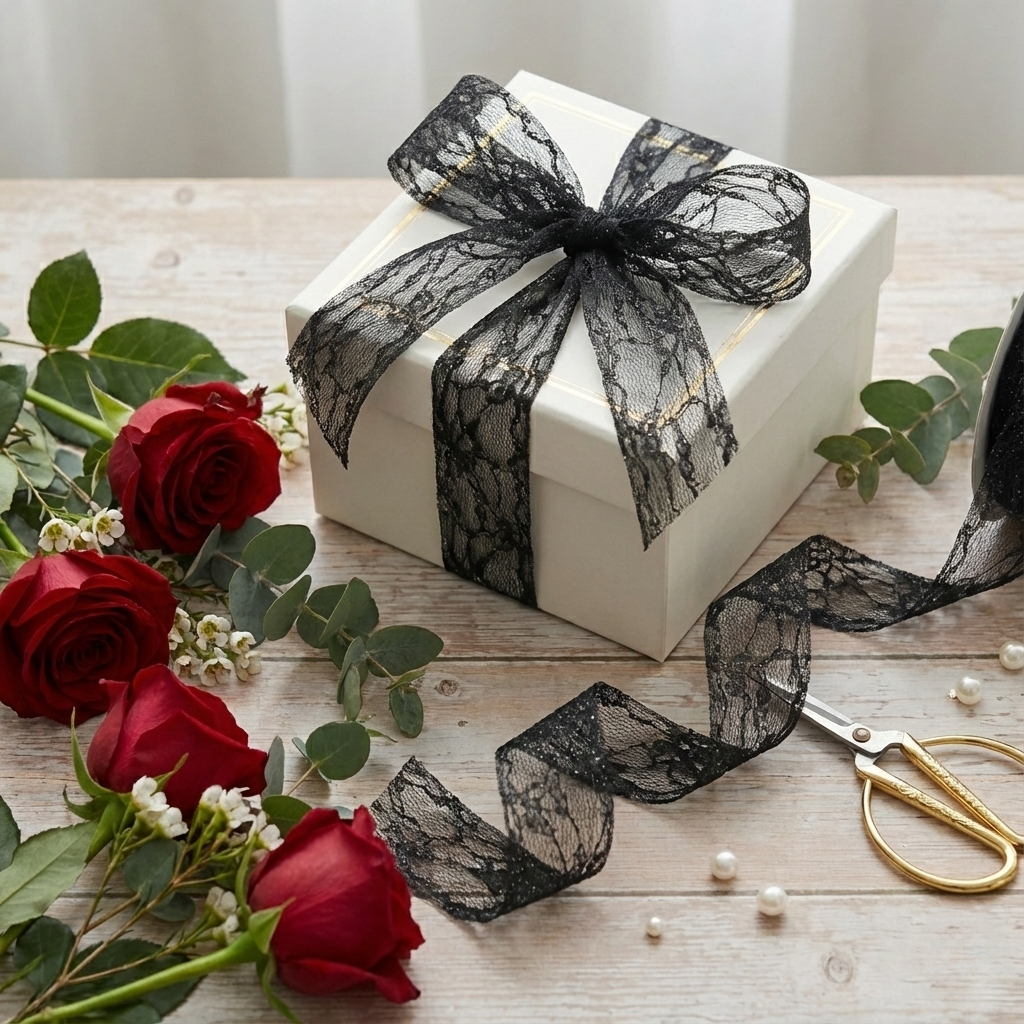 H9Neko Black Sheer Organza & Polyester Ribbon - Elegant Embroidered Floral Lace Design