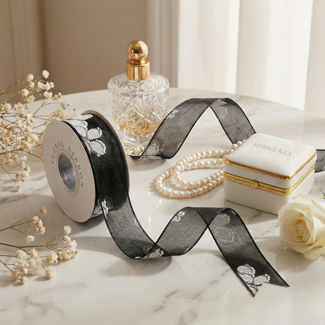 H9Neko Premium Solid Black Net Ribbon with Raised White Floral Embroidery