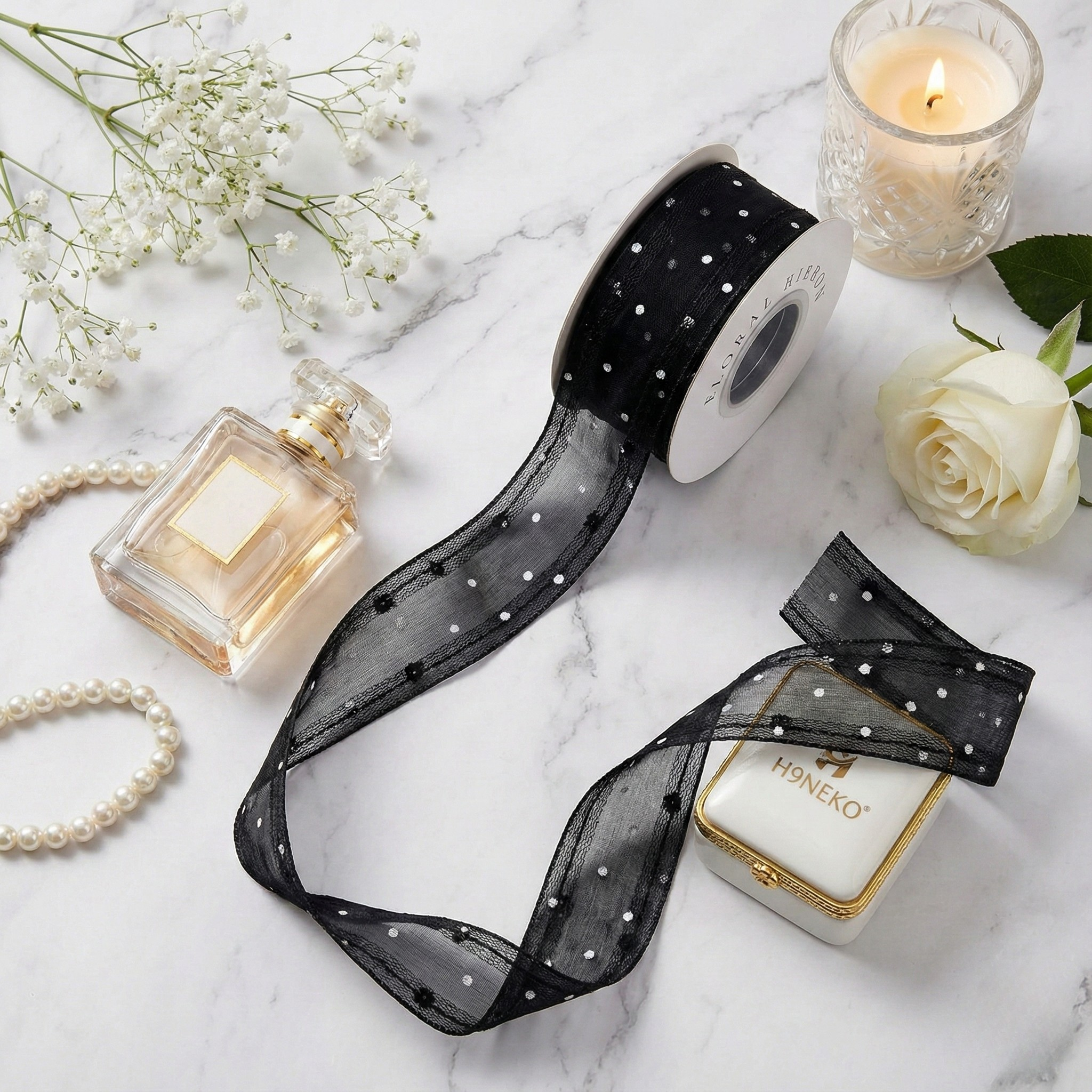 H9Neko Black Sheer Organza Ribbon with White Polka Dots  for Wrapping & Crafts