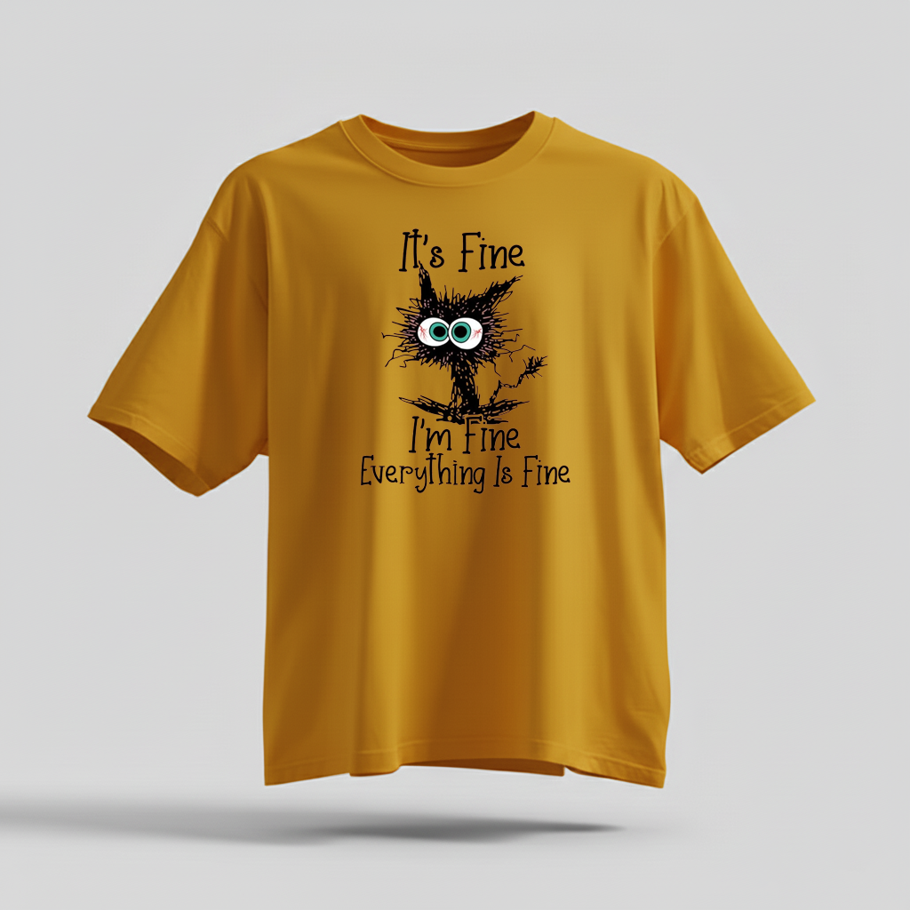H9Neko “It’s Fine I’m Fine Everything Is Fine” Black Cat Shirt – Funny Cat Lover Tee, Cute Sarcastic T-Shirt, Humor Gift for Cat Lovers
