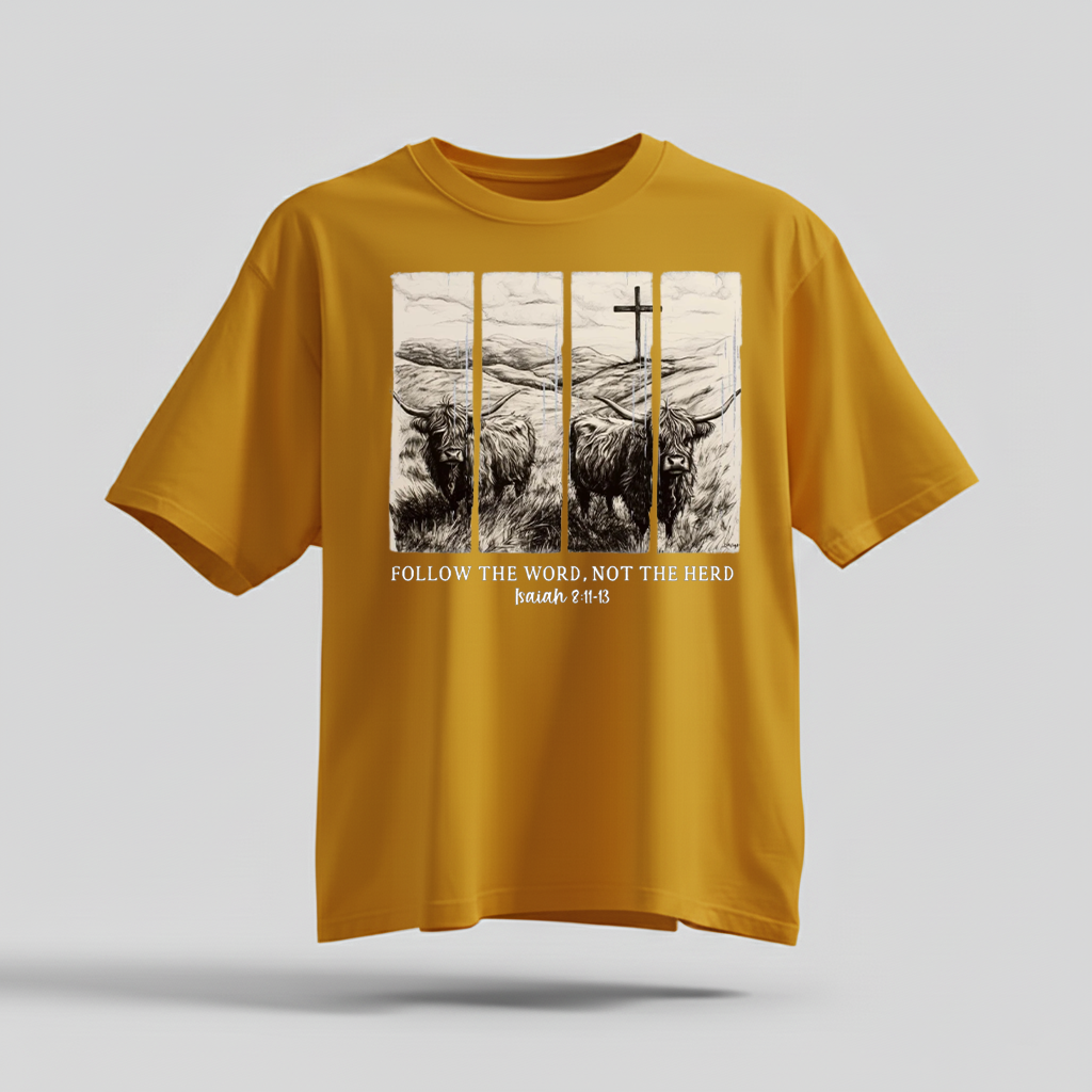 H9Neko Follow the Word Not the Herd Shirt – Christian Highland Cow Tee, Vintage Bible Verse Shirt, Boho Country Christian T-Shirt