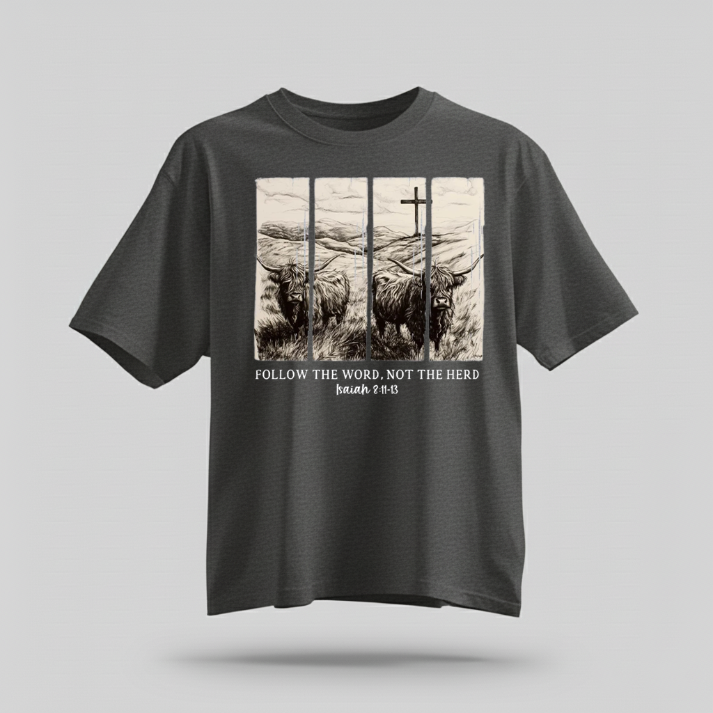 H9Neko Follow the Word Not the Herd Shirt – Christian Highland Cow Tee, Vintage Bible Verse Shirt, Boho Country Christian T-Shirt