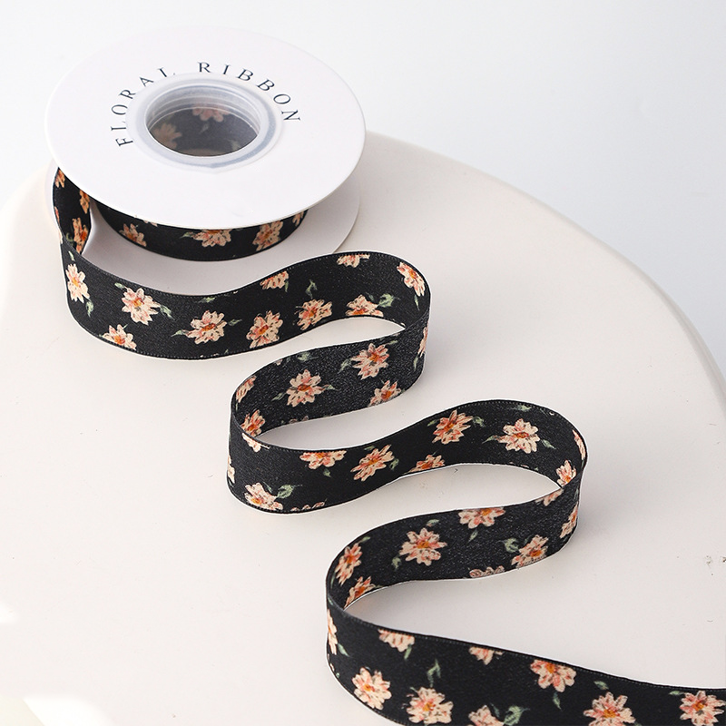 Black & Peach Blossom Ribbon 1" x 10yd | Sophisticated Fall Gift Wrapping Trim | H9Neko