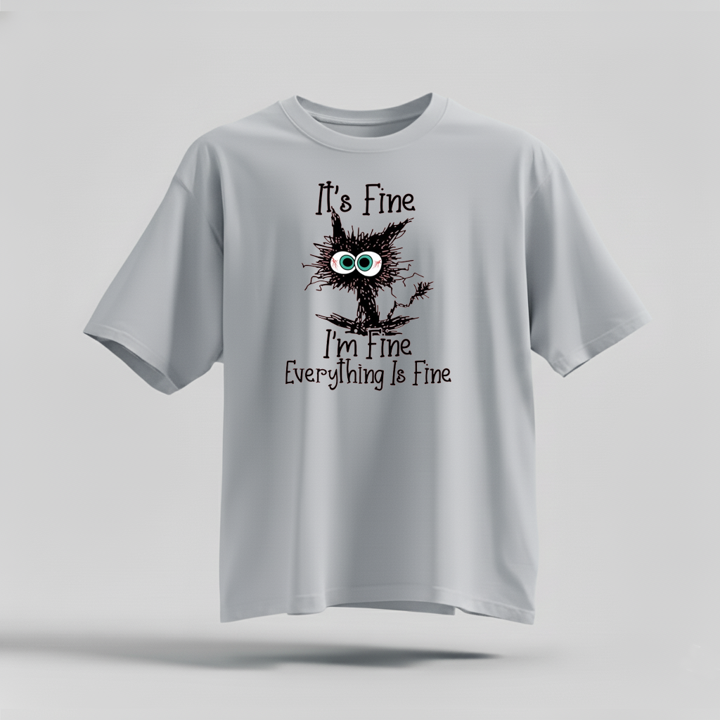H9Neko “It’s Fine I’m Fine Everything Is Fine” Black Cat Shirt – Funny Cat Lover Tee, Cute Sarcastic T-Shirt, Humor Gift for Cat Lovers