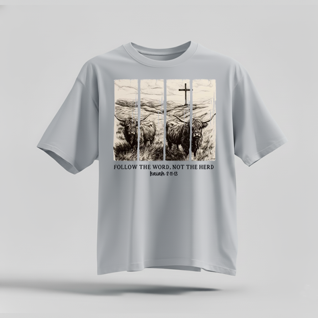 H9Neko Follow the Word Not the Herd Shirt – Christian Highland Cow Tee, Vintage Bible Verse Shirt, Boho Country Christian T-Shirt