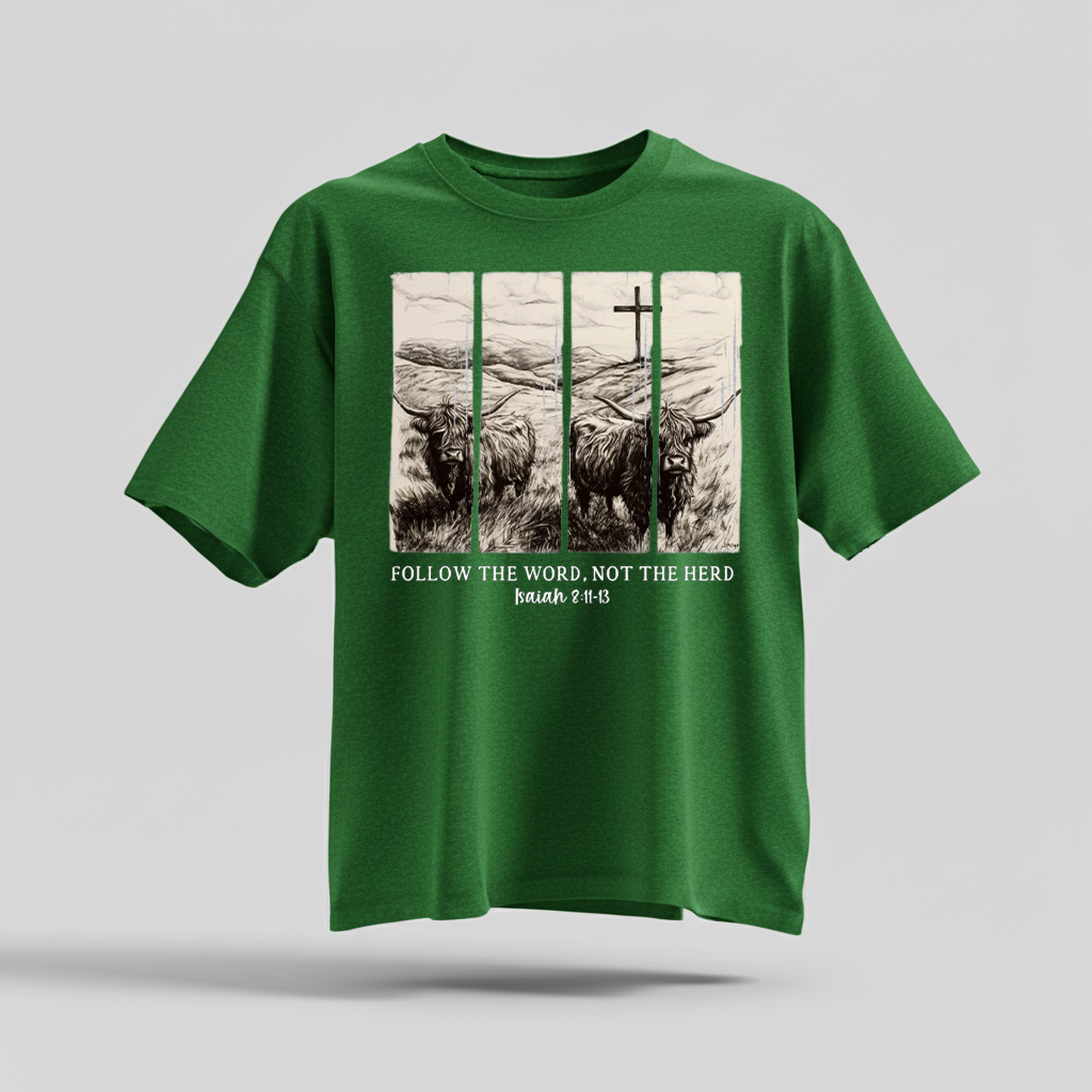 H9Neko Follow the Word Not the Herd Shirt – Christian Highland Cow Tee, Vintage Bible Verse Shirt, Boho Country Christian T-Shirt