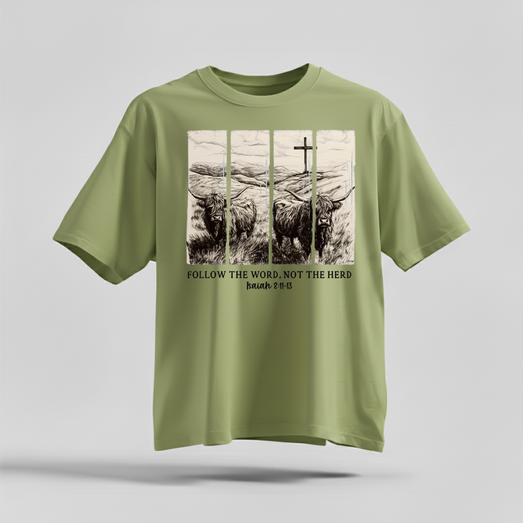 H9Neko Follow the Word Not the Herd Shirt – Christian Highland Cow Tee, Vintage Bible Verse Shirt, Boho Country Christian T-Shirt