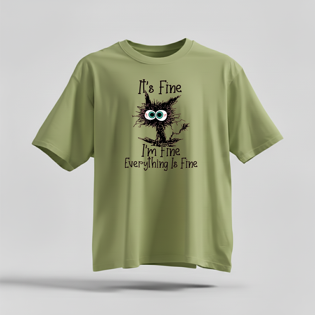 H9Neko “It’s Fine I’m Fine Everything Is Fine” Black Cat Shirt – Funny Cat Lover Tee, Cute Sarcastic T-Shirt, Humor Gift for Cat Lovers