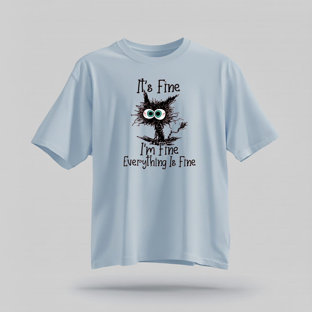 H9Neko “It’s Fine I’m Fine Everything Is Fine” Black Cat Shirt – Funny Cat Lover Tee, Cute Sarcastic T-Shirt, Humor Gift for Cat Lovers
