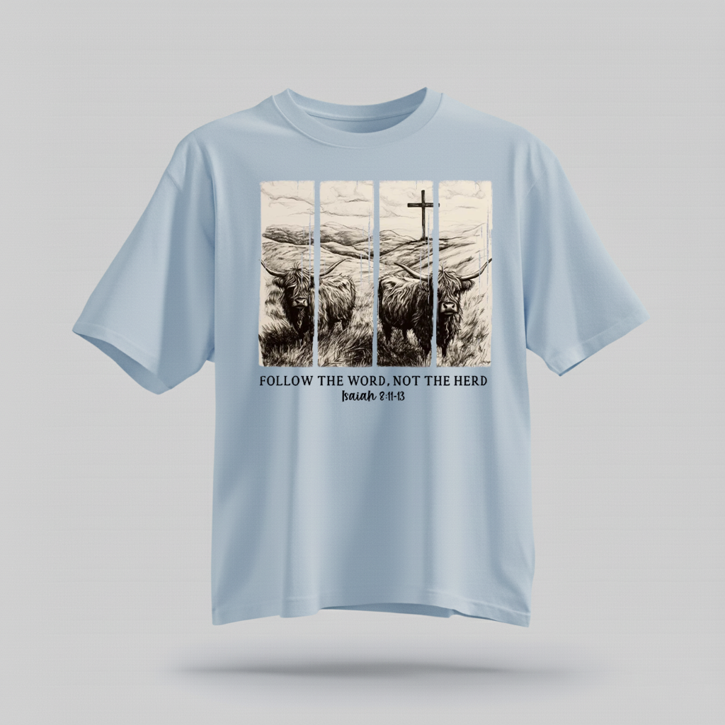 H9Neko Follow the Word Not the Herd Shirt – Christian Highland Cow Tee, Vintage Bible Verse Shirt, Boho Country Christian T-Shirt