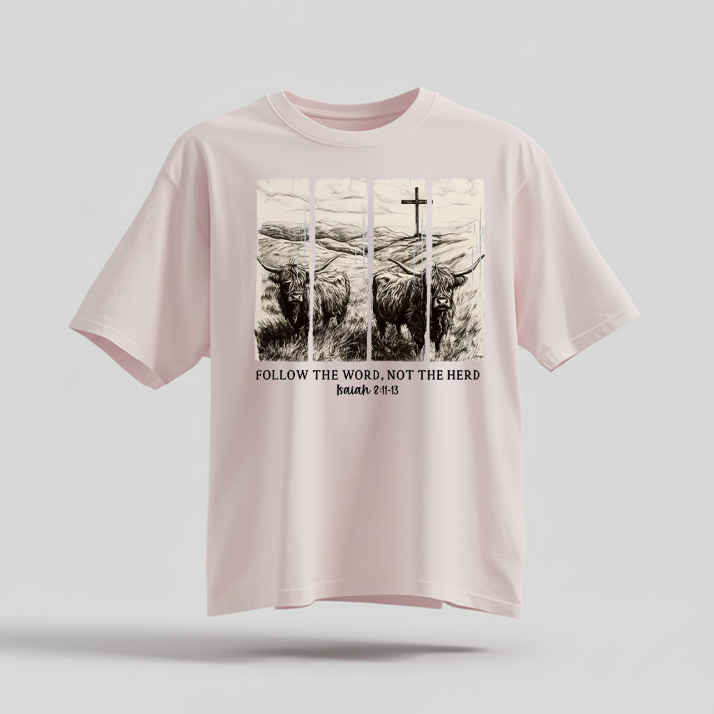 H9Neko Follow the Word Not the Herd Shirt – Christian Highland Cow Tee, Vintage Bible Verse Shirt, Boho Country Christian T-Shirt