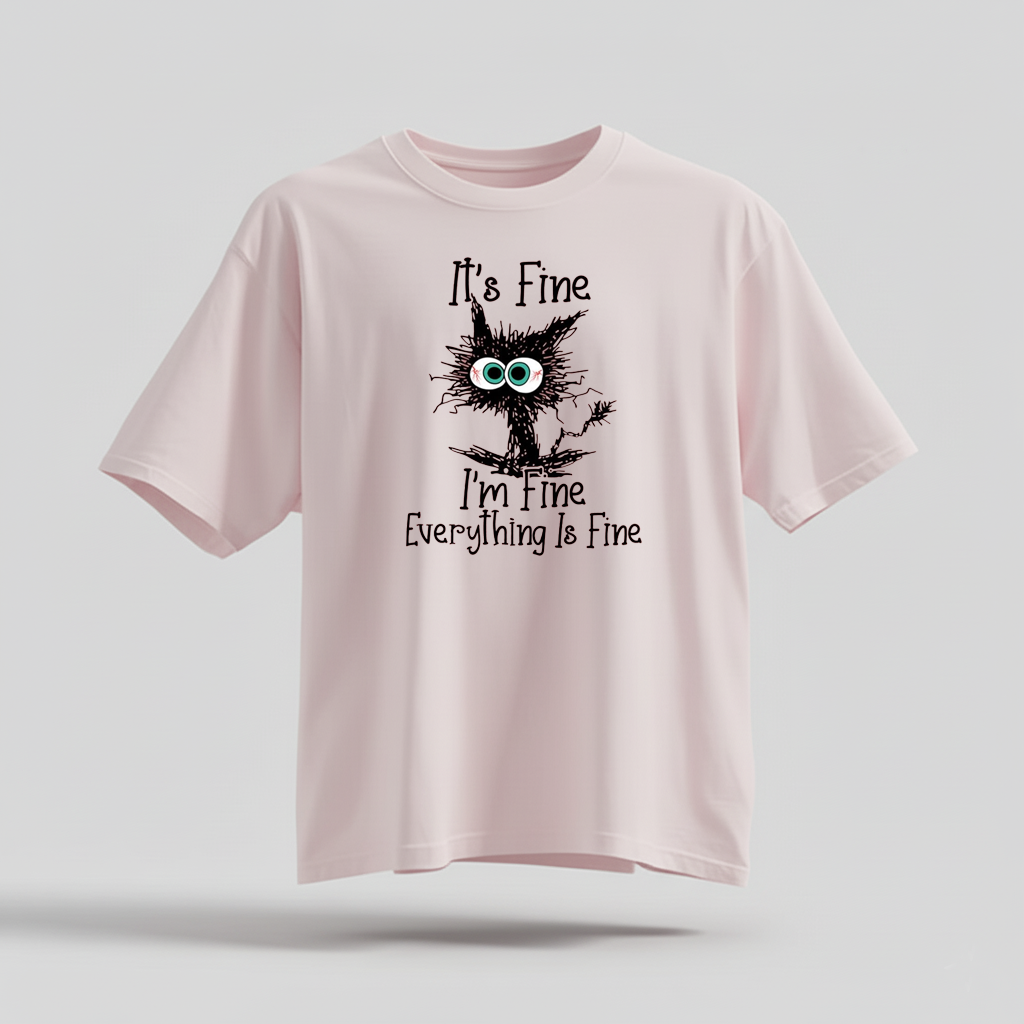 H9Neko “It’s Fine I’m Fine Everything Is Fine” Black Cat Shirt – Funny Cat Lover Tee, Cute Sarcastic T-Shirt, Humor Gift for Cat Lovers