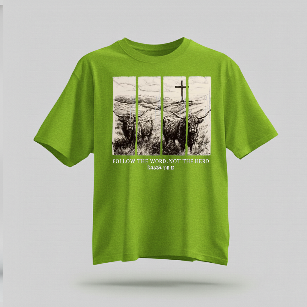 H9Neko Follow the Word Not the Herd Shirt – Christian Highland Cow Tee, Vintage Bible Verse Shirt, Boho Country Christian T-Shirt