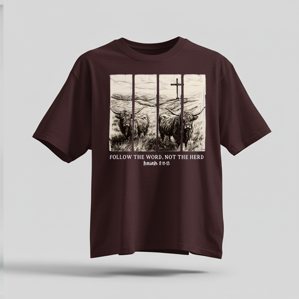 H9Neko Follow the Word Not the Herd Shirt – Christian Highland Cow Tee, Vintage Bible Verse Shirt, Boho Country Christian T-Shirt