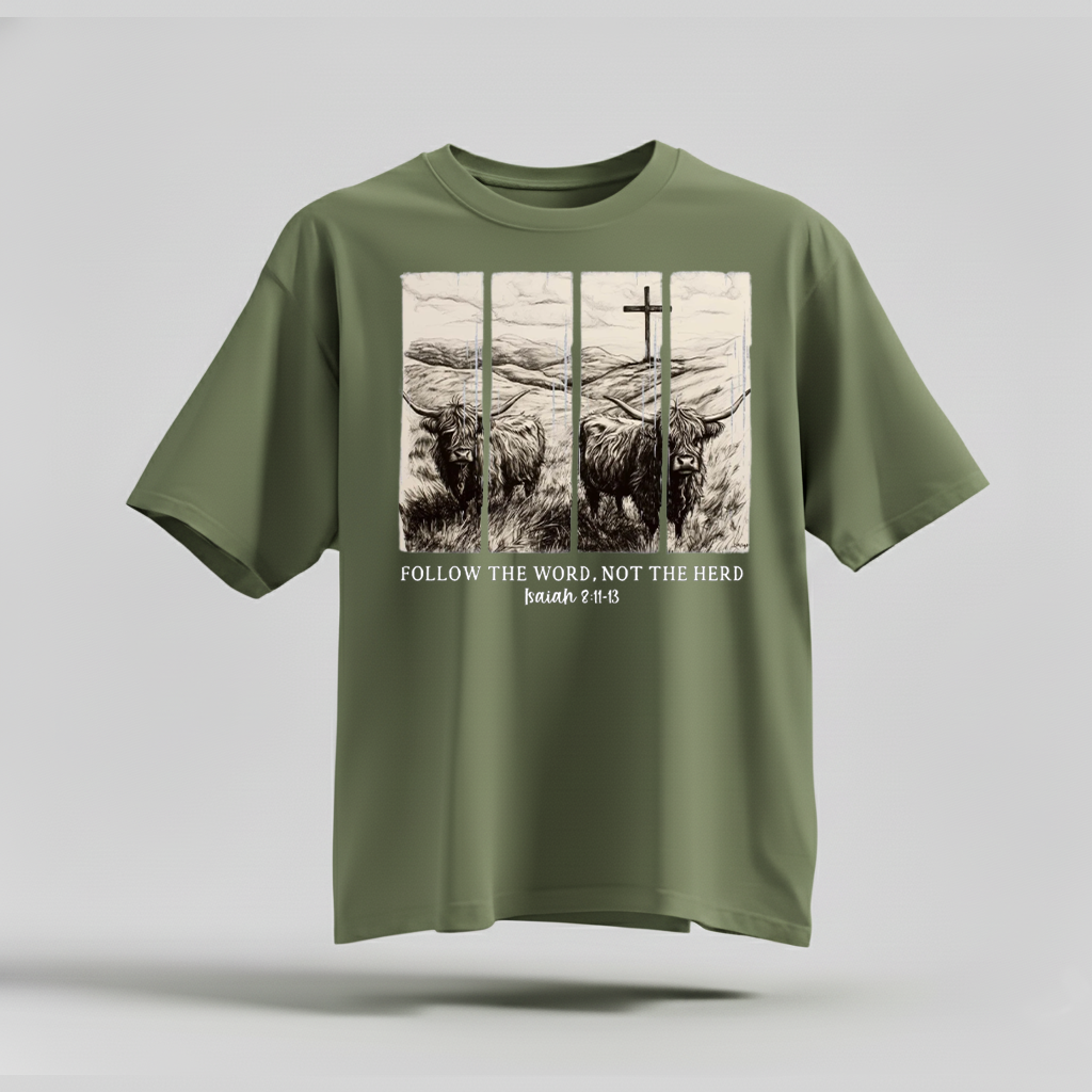 H9Neko Follow the Word Not the Herd Shirt – Christian Highland Cow Tee, Vintage Bible Verse Shirt, Boho Country Christian T-Shirt