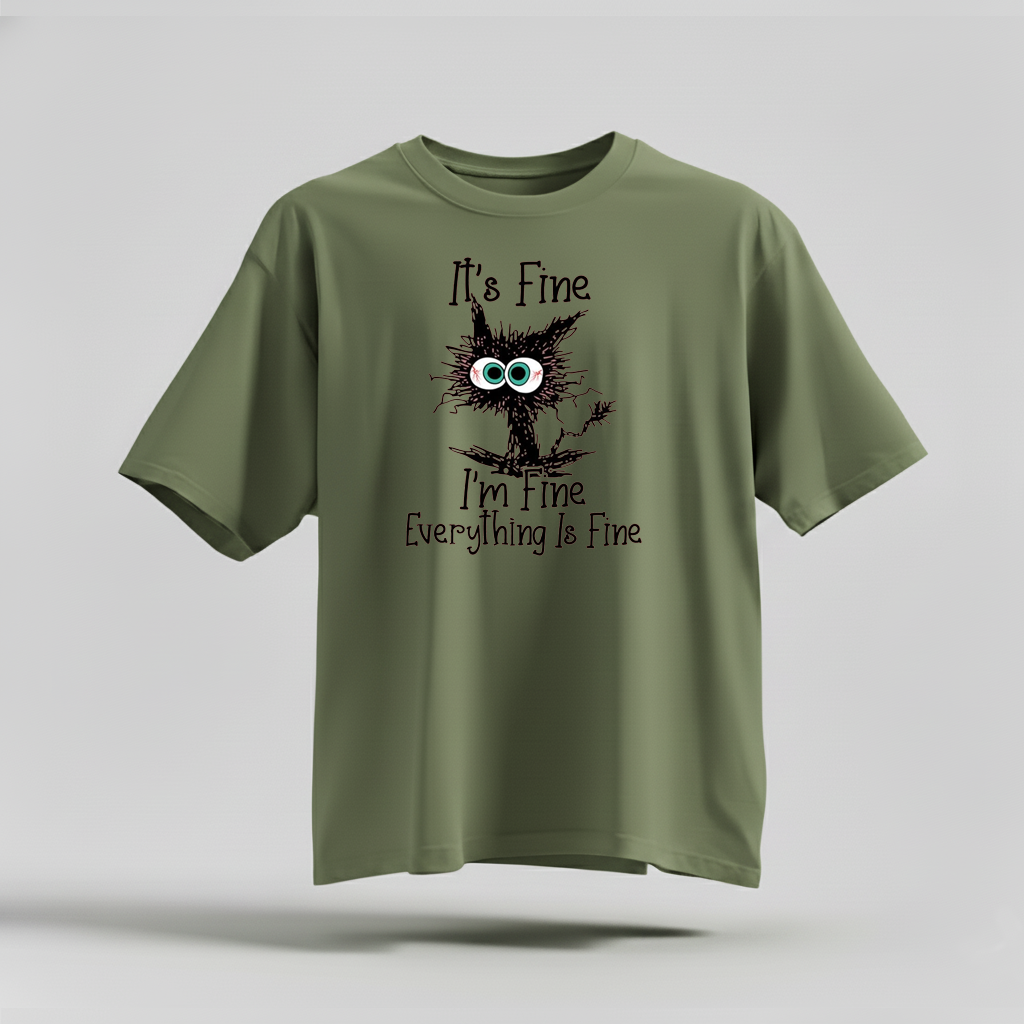 H9Neko “It’s Fine I’m Fine Everything Is Fine” Black Cat Shirt – Funny Cat Lover Tee, Cute Sarcastic T-Shirt, Humor Gift for Cat Lovers